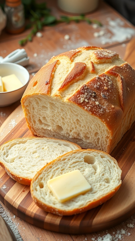 Easy Dutch Oven Bread with Self-Rising Flour A golden crusted loaf of Dutch oven bread sliced open, with butter on a wooden board.